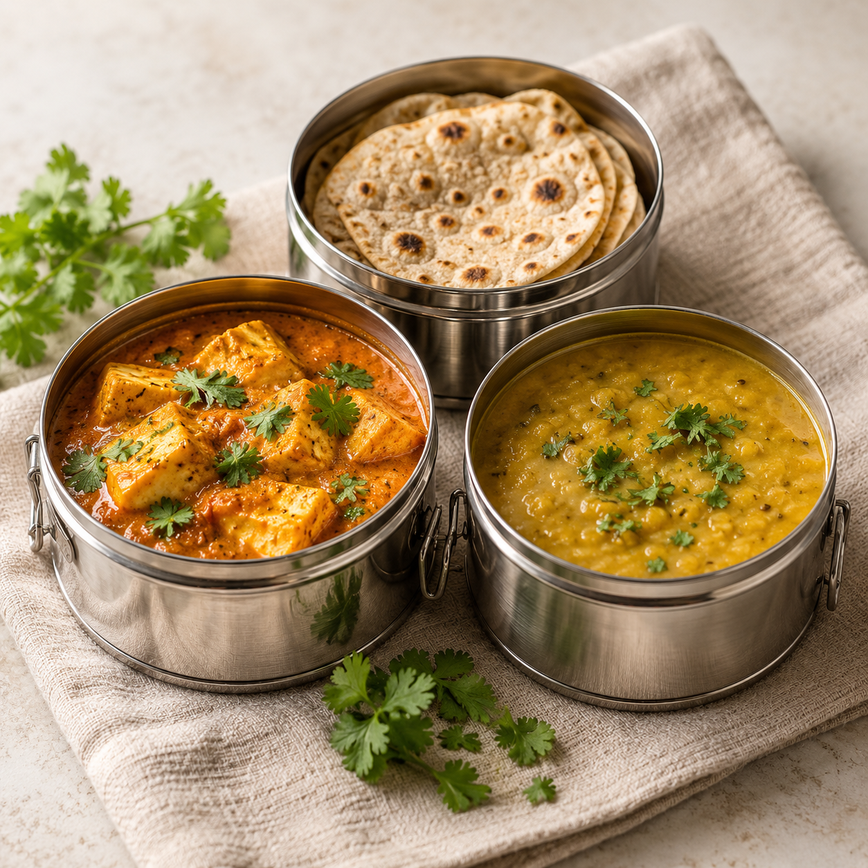 Home-style dal, paneer curry and fresh rotis packed in a steel tiffin